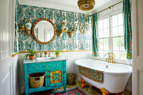 photo from pinterest of bohemian-style interior designed (bathroom interior) with bathtub and bathroom sink with faucet and bathroom cabinet and plant and waste basket and shower and toilet seat and bath rail. . with bold colors and mixed patterns and playful textures and carefree layers of pattern, texture, and color and travel trinkets and natural materials and animal hides and bold patterns. . cinematic photo, highly detailed, cinematic lighting, ultra-detailed, ultrarealistic, photorealism, 8k. trending on pinterest. bohemian interior design style. masterpiece, cinematic light, ultrarealistic+, photorealistic+, 8k, raw photo, realistic, sharp focus on eyes, (symmetrical eyes), (intact eyes), hyperrealistic, highest quality, best quality, , highly detailed, masterpiece, best quality, extremely detailed 8k wallpaper, masterpiece, best quality, ultra-detailed, best shadow, detailed background, detailed face, detailed eyes, high contrast, best illumination, detailed face, dulux, caustic, dynamic angle, detailed glow. dramatic lighting. highly detailed, insanely detailed hair, symmetrical, intricate details, professionally retouched, 8k high definition. strong bokeh. award winning photo.