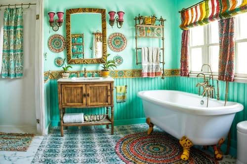 photo from pinterest of bohemian-style interior designed (bathroom interior) with bathtub and bathroom sink with faucet and bathroom cabinet and plant and waste basket and shower and toilet seat and bath rail. . with bold colors and mixed patterns and playful textures and carefree layers of pattern, texture, and color and travel trinkets and natural materials and animal hides and bold patterns. . cinematic photo, highly detailed, cinematic lighting, ultra-detailed, ultrarealistic, photorealism, 8k. trending on pinterest. bohemian interior design style. masterpiece, cinematic light, ultrarealistic+, photorealistic+, 8k, raw photo, realistic, sharp focus on eyes, (symmetrical eyes), (intact eyes), hyperrealistic, highest quality, best quality, , highly detailed, masterpiece, best quality, extremely detailed 8k wallpaper, masterpiece, best quality, ultra-detailed, best shadow, detailed background, detailed face, detailed eyes, high contrast, best illumination, detailed face, dulux, caustic, dynamic angle, detailed glow. dramatic lighting. highly detailed, insanely detailed hair, symmetrical, intricate details, professionally retouched, 8k high definition. strong bokeh. award winning photo.