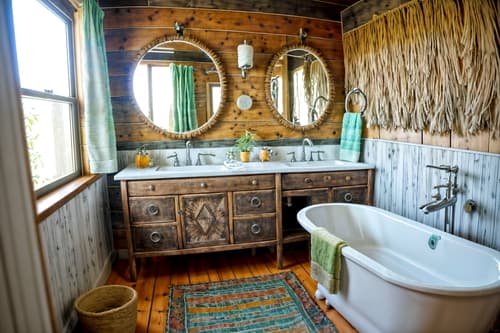 photo from pinterest of bohemian-style interior designed (hotel bathroom interior) with bathroom cabinet and shower and bath towel and bathroom sink with faucet and bath rail and waste basket and toilet seat and plant. . with playful textures and natural materials and a lack of structure and animal hides and woods and carefree layers of pattern, texture, and color and playful patterns and playful colors. . cinematic photo, highly detailed, cinematic lighting, ultra-detailed, ultrarealistic, photorealism, 8k. trending on pinterest. bohemian interior design style. masterpiece, cinematic light, ultrarealistic+, photorealistic+, 8k, raw photo, realistic, sharp focus on eyes, (symmetrical eyes), (intact eyes), hyperrealistic, highest quality, best quality, , highly detailed, masterpiece, best quality, extremely detailed 8k wallpaper, masterpiece, best quality, ultra-detailed, best shadow, detailed background, detailed face, detailed eyes, high contrast, best illumination, detailed face, dulux, caustic, dynamic angle, detailed glow. dramatic lighting. highly detailed, insanely detailed hair, symmetrical, intricate details, professionally retouched, 8k high definition. strong bokeh. award winning photo.