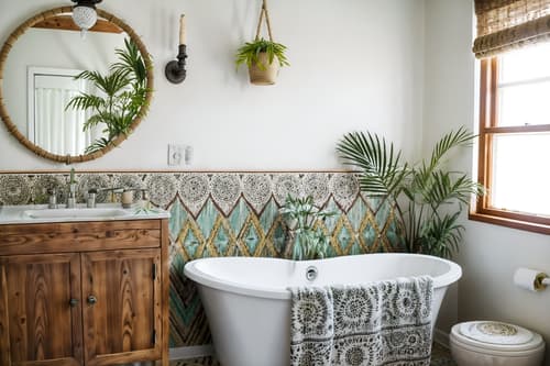 photo from pinterest of bohemian-style interior designed (hotel bathroom interior) with bathroom cabinet and shower and bath towel and bathroom sink with faucet and bath rail and waste basket and toilet seat and plant. . with playful textures and natural materials and a lack of structure and animal hides and woods and carefree layers of pattern, texture, and color and playful patterns and playful colors. . cinematic photo, highly detailed, cinematic lighting, ultra-detailed, ultrarealistic, photorealism, 8k. trending on pinterest. bohemian interior design style. masterpiece, cinematic light, ultrarealistic+, photorealistic+, 8k, raw photo, realistic, sharp focus on eyes, (symmetrical eyes), (intact eyes), hyperrealistic, highest quality, best quality, , highly detailed, masterpiece, best quality, extremely detailed 8k wallpaper, masterpiece, best quality, ultra-detailed, best shadow, detailed background, detailed face, detailed eyes, high contrast, best illumination, detailed face, dulux, caustic, dynamic angle, detailed glow. dramatic lighting. highly detailed, insanely detailed hair, symmetrical, intricate details, professionally retouched, 8k high definition. strong bokeh. award winning photo.