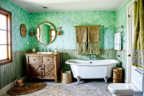 photo from pinterest of bohemian-style interior designed (hotel bathroom interior) with bathroom cabinet and shower and bath towel and bathroom sink with faucet and bath rail and waste basket and toilet seat and plant. . with playful textures and natural materials and a lack of structure and animal hides and woods and carefree layers of pattern, texture, and color and playful patterns and playful colors. . cinematic photo, highly detailed, cinematic lighting, ultra-detailed, ultrarealistic, photorealism, 8k. trending on pinterest. bohemian interior design style. masterpiece, cinematic light, ultrarealistic+, photorealistic+, 8k, raw photo, realistic, sharp focus on eyes, (symmetrical eyes), (intact eyes), hyperrealistic, highest quality, best quality, , highly detailed, masterpiece, best quality, extremely detailed 8k wallpaper, masterpiece, best quality, ultra-detailed, best shadow, detailed background, detailed face, detailed eyes, high contrast, best illumination, detailed face, dulux, caustic, dynamic angle, detailed glow. dramatic lighting. highly detailed, insanely detailed hair, symmetrical, intricate details, professionally retouched, 8k high definition. strong bokeh. award winning photo.