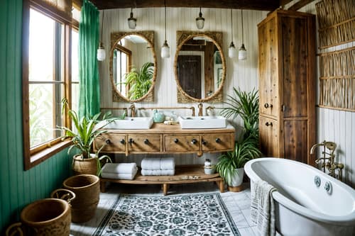photo from pinterest of bohemian-style interior designed (hotel bathroom interior) with bathroom cabinet and shower and bath towel and bathroom sink with faucet and bath rail and waste basket and toilet seat and plant. . with playful textures and natural materials and a lack of structure and animal hides and woods and carefree layers of pattern, texture, and color and playful patterns and playful colors. . cinematic photo, highly detailed, cinematic lighting, ultra-detailed, ultrarealistic, photorealism, 8k. trending on pinterest. bohemian interior design style. masterpiece, cinematic light, ultrarealistic+, photorealistic+, 8k, raw photo, realistic, sharp focus on eyes, (symmetrical eyes), (intact eyes), hyperrealistic, highest quality, best quality, , highly detailed, masterpiece, best quality, extremely detailed 8k wallpaper, masterpiece, best quality, ultra-detailed, best shadow, detailed background, detailed face, detailed eyes, high contrast, best illumination, detailed face, dulux, caustic, dynamic angle, detailed glow. dramatic lighting. highly detailed, insanely detailed hair, symmetrical, intricate details, professionally retouched, 8k high definition. strong bokeh. award winning photo.