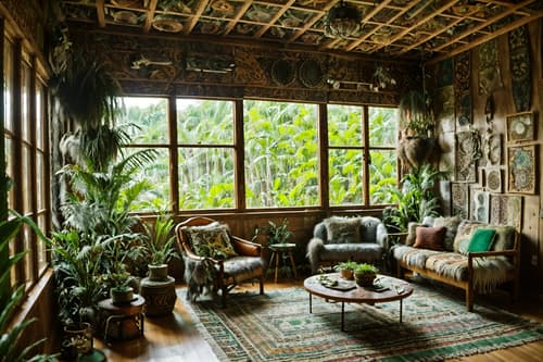 photo from pinterest of bohemian-style interior designed (exhibition space interior) . with animal hides and mixed patterns and playful textures and natural materials and lush green nature and woods and playful colors and carefree layers of pattern, texture, and color. . cinematic photo, highly detailed, cinematic lighting, ultra-detailed, ultrarealistic, photorealism, 8k. trending on pinterest. bohemian interior design style. masterpiece, cinematic light, ultrarealistic+, photorealistic+, 8k, raw photo, realistic, sharp focus on eyes, (symmetrical eyes), (intact eyes), hyperrealistic, highest quality, best quality, , highly detailed, masterpiece, best quality, extremely detailed 8k wallpaper, masterpiece, best quality, ultra-detailed, best shadow, detailed background, detailed face, detailed eyes, high contrast, best illumination, detailed face, dulux, caustic, dynamic angle, detailed glow. dramatic lighting. highly detailed, insanely detailed hair, symmetrical, intricate details, professionally retouched, 8k high definition. strong bokeh. award winning photo.