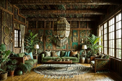 photo from pinterest of bohemian-style interior designed (exhibition space interior) . with animal hides and mixed patterns and playful textures and natural materials and lush green nature and woods and playful colors and carefree layers of pattern, texture, and color. . cinematic photo, highly detailed, cinematic lighting, ultra-detailed, ultrarealistic, photorealism, 8k. trending on pinterest. bohemian interior design style. masterpiece, cinematic light, ultrarealistic+, photorealistic+, 8k, raw photo, realistic, sharp focus on eyes, (symmetrical eyes), (intact eyes), hyperrealistic, highest quality, best quality, , highly detailed, masterpiece, best quality, extremely detailed 8k wallpaper, masterpiece, best quality, ultra-detailed, best shadow, detailed background, detailed face, detailed eyes, high contrast, best illumination, detailed face, dulux, caustic, dynamic angle, detailed glow. dramatic lighting. highly detailed, insanely detailed hair, symmetrical, intricate details, professionally retouched, 8k high definition. strong bokeh. award winning photo.