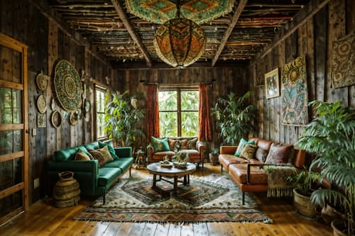 photo from pinterest of bohemian-style interior designed (exhibition space interior) . with animal hides and mixed patterns and playful textures and natural materials and lush green nature and woods and playful colors and carefree layers of pattern, texture, and color. . cinematic photo, highly detailed, cinematic lighting, ultra-detailed, ultrarealistic, photorealism, 8k. trending on pinterest. bohemian interior design style. masterpiece, cinematic light, ultrarealistic+, photorealistic+, 8k, raw photo, realistic, sharp focus on eyes, (symmetrical eyes), (intact eyes), hyperrealistic, highest quality, best quality, , highly detailed, masterpiece, best quality, extremely detailed 8k wallpaper, masterpiece, best quality, ultra-detailed, best shadow, detailed background, detailed face, detailed eyes, high contrast, best illumination, detailed face, dulux, caustic, dynamic angle, detailed glow. dramatic lighting. highly detailed, insanely detailed hair, symmetrical, intricate details, professionally retouched, 8k high definition. strong bokeh. award winning photo.