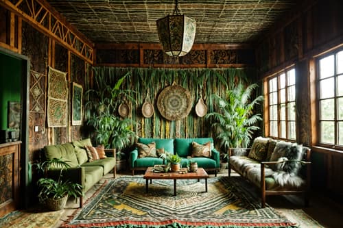 photo from pinterest of bohemian-style interior designed (exhibition space interior) . with animal hides and mixed patterns and playful textures and natural materials and lush green nature and woods and playful colors and carefree layers of pattern, texture, and color. . cinematic photo, highly detailed, cinematic lighting, ultra-detailed, ultrarealistic, photorealism, 8k. trending on pinterest. bohemian interior design style. masterpiece, cinematic light, ultrarealistic+, photorealistic+, 8k, raw photo, realistic, sharp focus on eyes, (symmetrical eyes), (intact eyes), hyperrealistic, highest quality, best quality, , highly detailed, masterpiece, best quality, extremely detailed 8k wallpaper, masterpiece, best quality, ultra-detailed, best shadow, detailed background, detailed face, detailed eyes, high contrast, best illumination, detailed face, dulux, caustic, dynamic angle, detailed glow. dramatic lighting. highly detailed, insanely detailed hair, symmetrical, intricate details, professionally retouched, 8k high definition. strong bokeh. award winning photo.