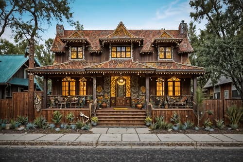 photo from pinterest of bohemian-style exterior designed (house exterior exterior) . with playful patterns and animal hides and bold patterns and mixed patterns and playful textures and woods and natural materials and carefree layers of pattern, texture, and color. . cinematic photo, highly detailed, cinematic lighting, ultra-detailed, ultrarealistic, photorealism, 8k. trending on pinterest. bohemian exterior design style. masterpiece, cinematic light, ultrarealistic+, photorealistic+, 8k, raw photo, realistic, sharp focus on eyes, (symmetrical eyes), (intact eyes), hyperrealistic, highest quality, best quality, , highly detailed, masterpiece, best quality, extremely detailed 8k wallpaper, masterpiece, best quality, ultra-detailed, best shadow, detailed background, detailed face, detailed eyes, high contrast, best illumination, detailed face, dulux, caustic, dynamic angle, detailed glow. dramatic lighting. highly detailed, insanely detailed hair, symmetrical, intricate details, professionally retouched, 8k high definition. strong bokeh. award winning photo.
