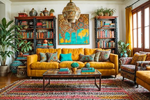 photo from pinterest of bohemian-style interior designed (living room interior) with coffee tables and rug and sofa and bookshelves and occasional tables and televisions and furniture and electric lamps. . with travel trinkets and carefree layers of pattern, texture, and color and animal hides and playful textures and bold colors and bold patterns and playful colors and mixed patterns. . cinematic photo, highly detailed, cinematic lighting, ultra-detailed, ultrarealistic, photorealism, 8k. trending on pinterest. bohemian interior design style. masterpiece, cinematic light, ultrarealistic+, photorealistic+, 8k, raw photo, realistic, sharp focus on eyes, (symmetrical eyes), (intact eyes), hyperrealistic, highest quality, best quality, , highly detailed, masterpiece, best quality, extremely detailed 8k wallpaper, masterpiece, best quality, ultra-detailed, best shadow, detailed background, detailed face, detailed eyes, high contrast, best illumination, detailed face, dulux, caustic, dynamic angle, detailed glow. dramatic lighting. highly detailed, insanely detailed hair, symmetrical, intricate details, professionally retouched, 8k high definition. strong bokeh. award winning photo.