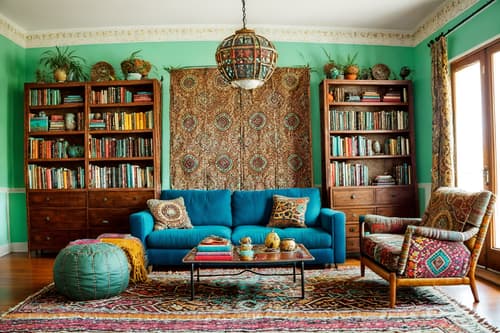 photo from pinterest of bohemian-style interior designed (living room interior) with coffee tables and rug and sofa and bookshelves and occasional tables and televisions and furniture and electric lamps. . with travel trinkets and carefree layers of pattern, texture, and color and animal hides and playful textures and bold colors and bold patterns and playful colors and mixed patterns. . cinematic photo, highly detailed, cinematic lighting, ultra-detailed, ultrarealistic, photorealism, 8k. trending on pinterest. bohemian interior design style. masterpiece, cinematic light, ultrarealistic+, photorealistic+, 8k, raw photo, realistic, sharp focus on eyes, (symmetrical eyes), (intact eyes), hyperrealistic, highest quality, best quality, , highly detailed, masterpiece, best quality, extremely detailed 8k wallpaper, masterpiece, best quality, ultra-detailed, best shadow, detailed background, detailed face, detailed eyes, high contrast, best illumination, detailed face, dulux, caustic, dynamic angle, detailed glow. dramatic lighting. highly detailed, insanely detailed hair, symmetrical, intricate details, professionally retouched, 8k high definition. strong bokeh. award winning photo.