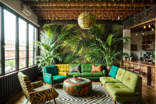 photo from pinterest of bohemian-style interior designed (coworking space interior) with lounge chairs and seating area with sofa and office chairs and office desks and lounge chairs. . with carefree layers of pattern, texture, and color and playful patterns and animal hides and lush green nature and bold patterns and playful textures and natural materials and woods. . cinematic photo, highly detailed, cinematic lighting, ultra-detailed, ultrarealistic, photorealism, 8k. trending on pinterest. bohemian interior design style. masterpiece, cinematic light, ultrarealistic+, photorealistic+, 8k, raw photo, realistic, sharp focus on eyes, (symmetrical eyes), (intact eyes), hyperrealistic, highest quality, best quality, , highly detailed, masterpiece, best quality, extremely detailed 8k wallpaper, masterpiece, best quality, ultra-detailed, best shadow, detailed background, detailed face, detailed eyes, high contrast, best illumination, detailed face, dulux, caustic, dynamic angle, detailed glow. dramatic lighting. highly detailed, insanely detailed hair, symmetrical, intricate details, professionally retouched, 8k high definition. strong bokeh. award winning photo.