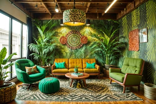 photo from pinterest of bohemian-style interior designed (coworking space interior) with lounge chairs and seating area with sofa and office chairs and office desks and lounge chairs. . with carefree layers of pattern, texture, and color and playful patterns and animal hides and lush green nature and bold patterns and playful textures and natural materials and woods. . cinematic photo, highly detailed, cinematic lighting, ultra-detailed, ultrarealistic, photorealism, 8k. trending on pinterest. bohemian interior design style. masterpiece, cinematic light, ultrarealistic+, photorealistic+, 8k, raw photo, realistic, sharp focus on eyes, (symmetrical eyes), (intact eyes), hyperrealistic, highest quality, best quality, , highly detailed, masterpiece, best quality, extremely detailed 8k wallpaper, masterpiece, best quality, ultra-detailed, best shadow, detailed background, detailed face, detailed eyes, high contrast, best illumination, detailed face, dulux, caustic, dynamic angle, detailed glow. dramatic lighting. highly detailed, insanely detailed hair, symmetrical, intricate details, professionally retouched, 8k high definition. strong bokeh. award winning photo.
