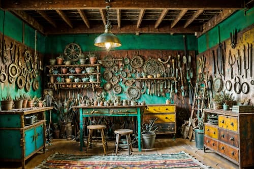 photo from pinterest of bohemian-style interior designed (workshop interior) with messy and wooden workbench and tool wall and messy. . with metals and natural materials and playful colors and bold colors and animal hides and a lack of structure and carefree layers of pattern, texture, and color and playful textures. . cinematic photo, highly detailed, cinematic lighting, ultra-detailed, ultrarealistic, photorealism, 8k. trending on pinterest. bohemian interior design style. masterpiece, cinematic light, ultrarealistic+, photorealistic+, 8k, raw photo, realistic, sharp focus on eyes, (symmetrical eyes), (intact eyes), hyperrealistic, highest quality, best quality, , highly detailed, masterpiece, best quality, extremely detailed 8k wallpaper, masterpiece, best quality, ultra-detailed, best shadow, detailed background, detailed face, detailed eyes, high contrast, best illumination, detailed face, dulux, caustic, dynamic angle, detailed glow. dramatic lighting. highly detailed, insanely detailed hair, symmetrical, intricate details, professionally retouched, 8k high definition. strong bokeh. award winning photo.