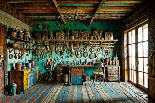 photo from pinterest of bohemian-style interior designed (workshop interior) with messy and wooden workbench and tool wall and messy. . with metals and natural materials and playful colors and bold colors and animal hides and a lack of structure and carefree layers of pattern, texture, and color and playful textures. . cinematic photo, highly detailed, cinematic lighting, ultra-detailed, ultrarealistic, photorealism, 8k. trending on pinterest. bohemian interior design style. masterpiece, cinematic light, ultrarealistic+, photorealistic+, 8k, raw photo, realistic, sharp focus on eyes, (symmetrical eyes), (intact eyes), hyperrealistic, highest quality, best quality, , highly detailed, masterpiece, best quality, extremely detailed 8k wallpaper, masterpiece, best quality, ultra-detailed, best shadow, detailed background, detailed face, detailed eyes, high contrast, best illumination, detailed face, dulux, caustic, dynamic angle, detailed glow. dramatic lighting. highly detailed, insanely detailed hair, symmetrical, intricate details, professionally retouched, 8k high definition. strong bokeh. award winning photo.