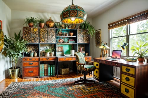 photo from pinterest of bohemian-style interior designed (home office interior) with cabinets and plant and computer desk and office chair and desk lamp and cabinets. . with playful patterns and bold colors and metals and natural materials and animal hides and travel trinkets and playful textures and carefree layers of pattern, texture, and color. . cinematic photo, highly detailed, cinematic lighting, ultra-detailed, ultrarealistic, photorealism, 8k. trending on pinterest. bohemian interior design style. masterpiece, cinematic light, ultrarealistic+, photorealistic+, 8k, raw photo, realistic, sharp focus on eyes, (symmetrical eyes), (intact eyes), hyperrealistic, highest quality, best quality, , highly detailed, masterpiece, best quality, extremely detailed 8k wallpaper, masterpiece, best quality, ultra-detailed, best shadow, detailed background, detailed face, detailed eyes, high contrast, best illumination, detailed face, dulux, caustic, dynamic angle, detailed glow. dramatic lighting. highly detailed, insanely detailed hair, symmetrical, intricate details, professionally retouched, 8k high definition. strong bokeh. award winning photo.
