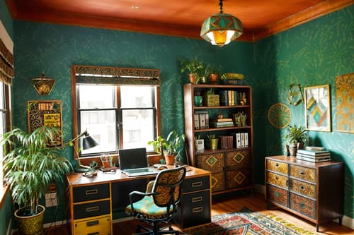 photo from pinterest of bohemian-style interior designed (home office interior) with cabinets and plant and computer desk and office chair and desk lamp and cabinets. . with playful patterns and bold colors and metals and natural materials and animal hides and travel trinkets and playful textures and carefree layers of pattern, texture, and color. . cinematic photo, highly detailed, cinematic lighting, ultra-detailed, ultrarealistic, photorealism, 8k. trending on pinterest. bohemian interior design style. masterpiece, cinematic light, ultrarealistic+, photorealistic+, 8k, raw photo, realistic, sharp focus on eyes, (symmetrical eyes), (intact eyes), hyperrealistic, highest quality, best quality, , highly detailed, masterpiece, best quality, extremely detailed 8k wallpaper, masterpiece, best quality, ultra-detailed, best shadow, detailed background, detailed face, detailed eyes, high contrast, best illumination, detailed face, dulux, caustic, dynamic angle, detailed glow. dramatic lighting. highly detailed, insanely detailed hair, symmetrical, intricate details, professionally retouched, 8k high definition. strong bokeh. award winning photo.