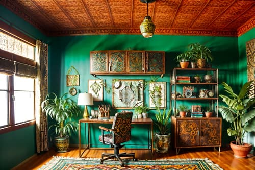 photo from pinterest of bohemian-style interior designed (home office interior) with cabinets and plant and computer desk and office chair and desk lamp and cabinets. . with playful patterns and bold colors and metals and natural materials and animal hides and travel trinkets and playful textures and carefree layers of pattern, texture, and color. . cinematic photo, highly detailed, cinematic lighting, ultra-detailed, ultrarealistic, photorealism, 8k. trending on pinterest. bohemian interior design style. masterpiece, cinematic light, ultrarealistic+, photorealistic+, 8k, raw photo, realistic, sharp focus on eyes, (symmetrical eyes), (intact eyes), hyperrealistic, highest quality, best quality, , highly detailed, masterpiece, best quality, extremely detailed 8k wallpaper, masterpiece, best quality, ultra-detailed, best shadow, detailed background, detailed face, detailed eyes, high contrast, best illumination, detailed face, dulux, caustic, dynamic angle, detailed glow. dramatic lighting. highly detailed, insanely detailed hair, symmetrical, intricate details, professionally retouched, 8k high definition. strong bokeh. award winning photo.