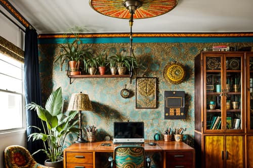 photo from pinterest of bohemian-style interior designed (home office interior) with cabinets and plant and computer desk and office chair and desk lamp and cabinets. . with playful patterns and bold colors and metals and natural materials and animal hides and travel trinkets and playful textures and carefree layers of pattern, texture, and color. . cinematic photo, highly detailed, cinematic lighting, ultra-detailed, ultrarealistic, photorealism, 8k. trending on pinterest. bohemian interior design style. masterpiece, cinematic light, ultrarealistic+, photorealistic+, 8k, raw photo, realistic, sharp focus on eyes, (symmetrical eyes), (intact eyes), hyperrealistic, highest quality, best quality, , highly detailed, masterpiece, best quality, extremely detailed 8k wallpaper, masterpiece, best quality, ultra-detailed, best shadow, detailed background, detailed face, detailed eyes, high contrast, best illumination, detailed face, dulux, caustic, dynamic angle, detailed glow. dramatic lighting. highly detailed, insanely detailed hair, symmetrical, intricate details, professionally retouched, 8k high definition. strong bokeh. award winning photo.