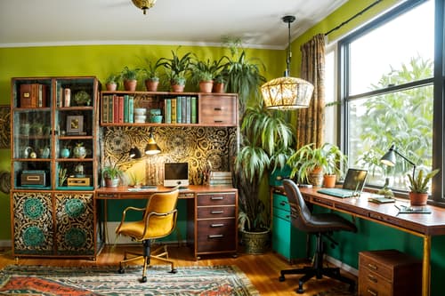 photo from pinterest of bohemian-style interior designed (home office interior) with cabinets and plant and computer desk and office chair and desk lamp and cabinets. . with playful patterns and bold colors and metals and natural materials and animal hides and travel trinkets and playful textures and carefree layers of pattern, texture, and color. . cinematic photo, highly detailed, cinematic lighting, ultra-detailed, ultrarealistic, photorealism, 8k. trending on pinterest. bohemian interior design style. masterpiece, cinematic light, ultrarealistic+, photorealistic+, 8k, raw photo, realistic, sharp focus on eyes, (symmetrical eyes), (intact eyes), hyperrealistic, highest quality, best quality, , highly detailed, masterpiece, best quality, extremely detailed 8k wallpaper, masterpiece, best quality, ultra-detailed, best shadow, detailed background, detailed face, detailed eyes, high contrast, best illumination, detailed face, dulux, caustic, dynamic angle, detailed glow. dramatic lighting. highly detailed, insanely detailed hair, symmetrical, intricate details, professionally retouched, 8k high definition. strong bokeh. award winning photo.