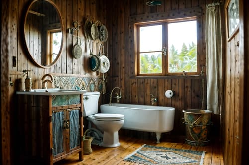 photo from pinterest of bohemian-style interior designed (toilet interior) with sink with tap and toilet with toilet seat up and toilet paper hanger and sink with tap. . with animal hides and natural materials and woods and metals and playful textures and playful patterns and bold colors and a lack of structure. . cinematic photo, highly detailed, cinematic lighting, ultra-detailed, ultrarealistic, photorealism, 8k. trending on pinterest. bohemian interior design style. masterpiece, cinematic light, ultrarealistic+, photorealistic+, 8k, raw photo, realistic, sharp focus on eyes, (symmetrical eyes), (intact eyes), hyperrealistic, highest quality, best quality, , highly detailed, masterpiece, best quality, extremely detailed 8k wallpaper, masterpiece, best quality, ultra-detailed, best shadow, detailed background, detailed face, detailed eyes, high contrast, best illumination, detailed face, dulux, caustic, dynamic angle, detailed glow. dramatic lighting. highly detailed, insanely detailed hair, symmetrical, intricate details, professionally retouched, 8k high definition. strong bokeh. award winning photo.