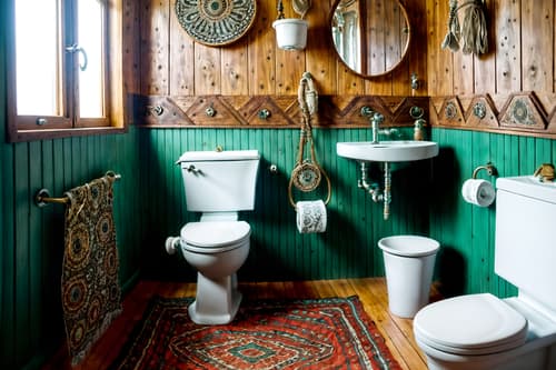 photo from pinterest of bohemian-style interior designed (toilet interior) with sink with tap and toilet with toilet seat up and toilet paper hanger and sink with tap. . with animal hides and natural materials and woods and metals and playful textures and playful patterns and bold colors and a lack of structure. . cinematic photo, highly detailed, cinematic lighting, ultra-detailed, ultrarealistic, photorealism, 8k. trending on pinterest. bohemian interior design style. masterpiece, cinematic light, ultrarealistic+, photorealistic+, 8k, raw photo, realistic, sharp focus on eyes, (symmetrical eyes), (intact eyes), hyperrealistic, highest quality, best quality, , highly detailed, masterpiece, best quality, extremely detailed 8k wallpaper, masterpiece, best quality, ultra-detailed, best shadow, detailed background, detailed face, detailed eyes, high contrast, best illumination, detailed face, dulux, caustic, dynamic angle, detailed glow. dramatic lighting. highly detailed, insanely detailed hair, symmetrical, intricate details, professionally retouched, 8k high definition. strong bokeh. award winning photo.