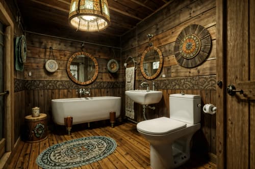 photo from pinterest of bohemian-style interior designed (toilet interior) with sink with tap and toilet with toilet seat up and toilet paper hanger and sink with tap. . with animal hides and natural materials and woods and metals and playful textures and playful patterns and bold colors and a lack of structure. . cinematic photo, highly detailed, cinematic lighting, ultra-detailed, ultrarealistic, photorealism, 8k. trending on pinterest. bohemian interior design style. masterpiece, cinematic light, ultrarealistic+, photorealistic+, 8k, raw photo, realistic, sharp focus on eyes, (symmetrical eyes), (intact eyes), hyperrealistic, highest quality, best quality, , highly detailed, masterpiece, best quality, extremely detailed 8k wallpaper, masterpiece, best quality, ultra-detailed, best shadow, detailed background, detailed face, detailed eyes, high contrast, best illumination, detailed face, dulux, caustic, dynamic angle, detailed glow. dramatic lighting. highly detailed, insanely detailed hair, symmetrical, intricate details, professionally retouched, 8k high definition. strong bokeh. award winning photo.