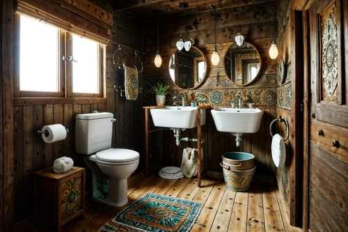 photo from pinterest of bohemian-style interior designed (toilet interior) with sink with tap and toilet with toilet seat up and toilet paper hanger and sink with tap. . with animal hides and natural materials and woods and metals and playful textures and playful patterns and bold colors and a lack of structure. . cinematic photo, highly detailed, cinematic lighting, ultra-detailed, ultrarealistic, photorealism, 8k. trending on pinterest. bohemian interior design style. masterpiece, cinematic light, ultrarealistic+, photorealistic+, 8k, raw photo, realistic, sharp focus on eyes, (symmetrical eyes), (intact eyes), hyperrealistic, highest quality, best quality, , highly detailed, masterpiece, best quality, extremely detailed 8k wallpaper, masterpiece, best quality, ultra-detailed, best shadow, detailed background, detailed face, detailed eyes, high contrast, best illumination, detailed face, dulux, caustic, dynamic angle, detailed glow. dramatic lighting. highly detailed, insanely detailed hair, symmetrical, intricate details, professionally retouched, 8k high definition. strong bokeh. award winning photo.