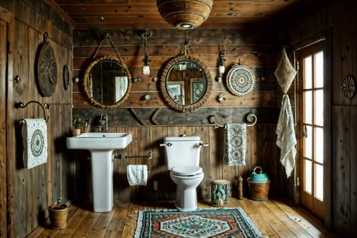 photo from pinterest of bohemian-style interior designed (toilet interior) with sink with tap and toilet with toilet seat up and toilet paper hanger and sink with tap. . with animal hides and natural materials and woods and metals and playful textures and playful patterns and bold colors and a lack of structure. . cinematic photo, highly detailed, cinematic lighting, ultra-detailed, ultrarealistic, photorealism, 8k. trending on pinterest. bohemian interior design style. masterpiece, cinematic light, ultrarealistic+, photorealistic+, 8k, raw photo, realistic, sharp focus on eyes, (symmetrical eyes), (intact eyes), hyperrealistic, highest quality, best quality, , highly detailed, masterpiece, best quality, extremely detailed 8k wallpaper, masterpiece, best quality, ultra-detailed, best shadow, detailed background, detailed face, detailed eyes, high contrast, best illumination, detailed face, dulux, caustic, dynamic angle, detailed glow. dramatic lighting. highly detailed, insanely detailed hair, symmetrical, intricate details, professionally retouched, 8k high definition. strong bokeh. award winning photo.