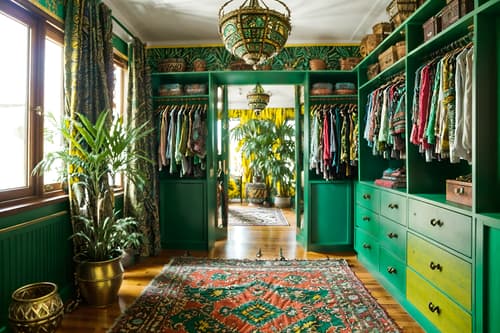 photo from pinterest of bohemian-style interior designed (walk in closet interior) . with mixed patterns and travel trinkets and playful textures and a lack of structure and bold colors and metals and lush green nature and bold patterns. . cinematic photo, highly detailed, cinematic lighting, ultra-detailed, ultrarealistic, photorealism, 8k. trending on pinterest. bohemian interior design style. masterpiece, cinematic light, ultrarealistic+, photorealistic+, 8k, raw photo, realistic, sharp focus on eyes, (symmetrical eyes), (intact eyes), hyperrealistic, highest quality, best quality, , highly detailed, masterpiece, best quality, extremely detailed 8k wallpaper, masterpiece, best quality, ultra-detailed, best shadow, detailed background, detailed face, detailed eyes, high contrast, best illumination, detailed face, dulux, caustic, dynamic angle, detailed glow. dramatic lighting. highly detailed, insanely detailed hair, symmetrical, intricate details, professionally retouched, 8k high definition. strong bokeh. award winning photo.