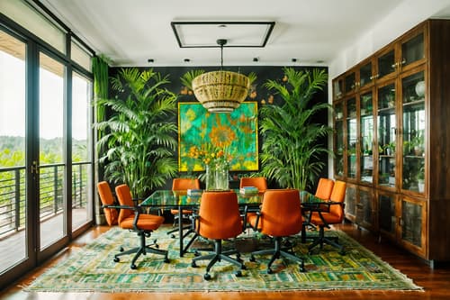 photo from pinterest of bohemian-style interior designed (meeting room interior) with glass doors and office chairs and boardroom table and vase and cabinets and plant and glass walls and painting or photo on wall. . with a lack of structure and natural materials and mixed patterns and lush green nature and playful patterns and bold colors and travel trinkets and animal hides. . cinematic photo, highly detailed, cinematic lighting, ultra-detailed, ultrarealistic, photorealism, 8k. trending on pinterest. bohemian interior design style. masterpiece, cinematic light, ultrarealistic+, photorealistic+, 8k, raw photo, realistic, sharp focus on eyes, (symmetrical eyes), (intact eyes), hyperrealistic, highest quality, best quality, , highly detailed, masterpiece, best quality, extremely detailed 8k wallpaper, masterpiece, best quality, ultra-detailed, best shadow, detailed background, detailed face, detailed eyes, high contrast, best illumination, detailed face, dulux, caustic, dynamic angle, detailed glow. dramatic lighting. highly detailed, insanely detailed hair, symmetrical, intricate details, professionally retouched, 8k high definition. strong bokeh. award winning photo.