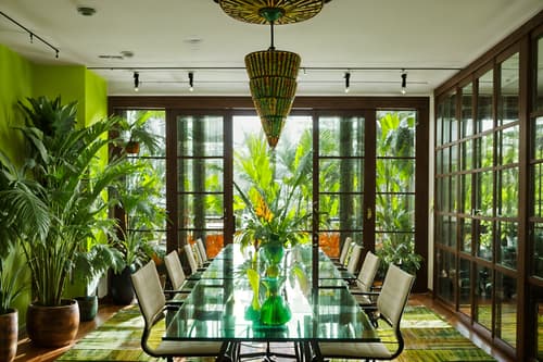 photo from pinterest of bohemian-style interior designed (meeting room interior) with glass doors and office chairs and boardroom table and vase and cabinets and plant and glass walls and painting or photo on wall. . with a lack of structure and natural materials and mixed patterns and lush green nature and playful patterns and bold colors and travel trinkets and animal hides. . cinematic photo, highly detailed, cinematic lighting, ultra-detailed, ultrarealistic, photorealism, 8k. trending on pinterest. bohemian interior design style. masterpiece, cinematic light, ultrarealistic+, photorealistic+, 8k, raw photo, realistic, sharp focus on eyes, (symmetrical eyes), (intact eyes), hyperrealistic, highest quality, best quality, , highly detailed, masterpiece, best quality, extremely detailed 8k wallpaper, masterpiece, best quality, ultra-detailed, best shadow, detailed background, detailed face, detailed eyes, high contrast, best illumination, detailed face, dulux, caustic, dynamic angle, detailed glow. dramatic lighting. highly detailed, insanely detailed hair, symmetrical, intricate details, professionally retouched, 8k high definition. strong bokeh. award winning photo.
