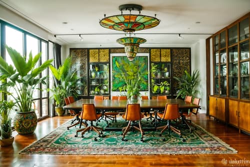photo from pinterest of bohemian-style interior designed (meeting room interior) with glass doors and office chairs and boardroom table and vase and cabinets and plant and glass walls and painting or photo on wall. . with a lack of structure and natural materials and mixed patterns and lush green nature and playful patterns and bold colors and travel trinkets and animal hides. . cinematic photo, highly detailed, cinematic lighting, ultra-detailed, ultrarealistic, photorealism, 8k. trending on pinterest. bohemian interior design style. masterpiece, cinematic light, ultrarealistic+, photorealistic+, 8k, raw photo, realistic, sharp focus on eyes, (symmetrical eyes), (intact eyes), hyperrealistic, highest quality, best quality, , highly detailed, masterpiece, best quality, extremely detailed 8k wallpaper, masterpiece, best quality, ultra-detailed, best shadow, detailed background, detailed face, detailed eyes, high contrast, best illumination, detailed face, dulux, caustic, dynamic angle, detailed glow. dramatic lighting. highly detailed, insanely detailed hair, symmetrical, intricate details, professionally retouched, 8k high definition. strong bokeh. award winning photo.