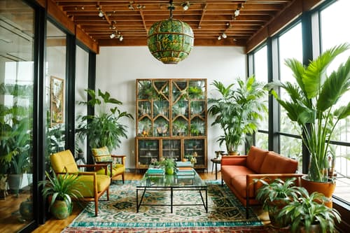 photo from pinterest of bohemian-style interior designed (meeting room interior) with glass doors and office chairs and boardroom table and vase and cabinets and plant and glass walls and painting or photo on wall. . with a lack of structure and natural materials and mixed patterns and lush green nature and playful patterns and bold colors and travel trinkets and animal hides. . cinematic photo, highly detailed, cinematic lighting, ultra-detailed, ultrarealistic, photorealism, 8k. trending on pinterest. bohemian interior design style. masterpiece, cinematic light, ultrarealistic+, photorealistic+, 8k, raw photo, realistic, sharp focus on eyes, (symmetrical eyes), (intact eyes), hyperrealistic, highest quality, best quality, , highly detailed, masterpiece, best quality, extremely detailed 8k wallpaper, masterpiece, best quality, ultra-detailed, best shadow, detailed background, detailed face, detailed eyes, high contrast, best illumination, detailed face, dulux, caustic, dynamic angle, detailed glow. dramatic lighting. highly detailed, insanely detailed hair, symmetrical, intricate details, professionally retouched, 8k high definition. strong bokeh. award winning photo.