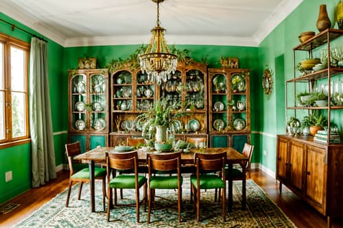 photo from pinterest of bohemian-style interior designed (dining room interior) with bookshelves and plates, cutlery and glasses on dining table and painting or photo on wall and plant and table cloth and light or chandelier and dining table and vase. . with woods and playful textures and playful colors and metals and travel trinkets and lush green nature and bold colors and natural materials. . cinematic photo, highly detailed, cinematic lighting, ultra-detailed, ultrarealistic, photorealism, 8k. trending on pinterest. bohemian interior design style. masterpiece, cinematic light, ultrarealistic+, photorealistic+, 8k, raw photo, realistic, sharp focus on eyes, (symmetrical eyes), (intact eyes), hyperrealistic, highest quality, best quality, , highly detailed, masterpiece, best quality, extremely detailed 8k wallpaper, masterpiece, best quality, ultra-detailed, best shadow, detailed background, detailed face, detailed eyes, high contrast, best illumination, detailed face, dulux, caustic, dynamic angle, detailed glow. dramatic lighting. highly detailed, insanely detailed hair, symmetrical, intricate details, professionally retouched, 8k high definition. strong bokeh. award winning photo.