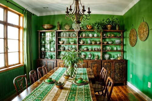 photo from pinterest of bohemian-style interior designed (dining room interior) with bookshelves and plates, cutlery and glasses on dining table and painting or photo on wall and plant and table cloth and light or chandelier and dining table and vase. . with woods and playful textures and playful colors and metals and travel trinkets and lush green nature and bold colors and natural materials. . cinematic photo, highly detailed, cinematic lighting, ultra-detailed, ultrarealistic, photorealism, 8k. trending on pinterest. bohemian interior design style. masterpiece, cinematic light, ultrarealistic+, photorealistic+, 8k, raw photo, realistic, sharp focus on eyes, (symmetrical eyes), (intact eyes), hyperrealistic, highest quality, best quality, , highly detailed, masterpiece, best quality, extremely detailed 8k wallpaper, masterpiece, best quality, ultra-detailed, best shadow, detailed background, detailed face, detailed eyes, high contrast, best illumination, detailed face, dulux, caustic, dynamic angle, detailed glow. dramatic lighting. highly detailed, insanely detailed hair, symmetrical, intricate details, professionally retouched, 8k high definition. strong bokeh. award winning photo.