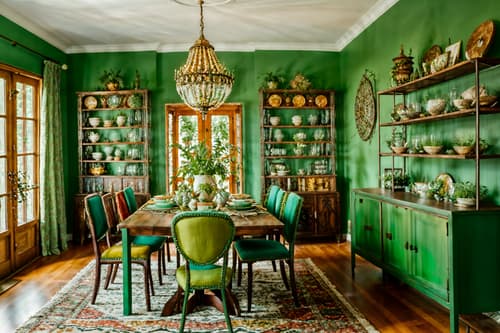 photo from pinterest of bohemian-style interior designed (dining room interior) with bookshelves and plates, cutlery and glasses on dining table and painting or photo on wall and plant and table cloth and light or chandelier and dining table and vase. . with woods and playful textures and playful colors and metals and travel trinkets and lush green nature and bold colors and natural materials. . cinematic photo, highly detailed, cinematic lighting, ultra-detailed, ultrarealistic, photorealism, 8k. trending on pinterest. bohemian interior design style. masterpiece, cinematic light, ultrarealistic+, photorealistic+, 8k, raw photo, realistic, sharp focus on eyes, (symmetrical eyes), (intact eyes), hyperrealistic, highest quality, best quality, , highly detailed, masterpiece, best quality, extremely detailed 8k wallpaper, masterpiece, best quality, ultra-detailed, best shadow, detailed background, detailed face, detailed eyes, high contrast, best illumination, detailed face, dulux, caustic, dynamic angle, detailed glow. dramatic lighting. highly detailed, insanely detailed hair, symmetrical, intricate details, professionally retouched, 8k high definition. strong bokeh. award winning photo.