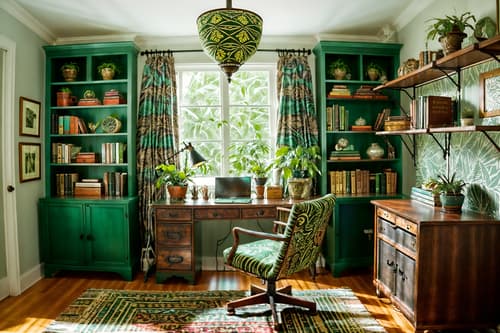 photo from pinterest of bohemian-style interior designed (study room interior) with desk lamp and plant and cabinets and writing desk and lounge chair and bookshelves and office chair and desk lamp. . with carefree layers of pattern, texture, and color and mixed patterns and bold patterns and playful textures and woods and lush green nature and a lack of structure and metals. . cinematic photo, highly detailed, cinematic lighting, ultra-detailed, ultrarealistic, photorealism, 8k. trending on pinterest. bohemian interior design style. masterpiece, cinematic light, ultrarealistic+, photorealistic+, 8k, raw photo, realistic, sharp focus on eyes, (symmetrical eyes), (intact eyes), hyperrealistic, highest quality, best quality, , highly detailed, masterpiece, best quality, extremely detailed 8k wallpaper, masterpiece, best quality, ultra-detailed, best shadow, detailed background, detailed face, detailed eyes, high contrast, best illumination, detailed face, dulux, caustic, dynamic angle, detailed glow. dramatic lighting. highly detailed, insanely detailed hair, symmetrical, intricate details, professionally retouched, 8k high definition. strong bokeh. award winning photo.