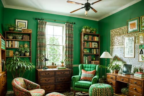 photo from pinterest of bohemian-style interior designed (study room interior) with desk lamp and plant and cabinets and writing desk and lounge chair and bookshelves and office chair and desk lamp. . with carefree layers of pattern, texture, and color and mixed patterns and bold patterns and playful textures and woods and lush green nature and a lack of structure and metals. . cinematic photo, highly detailed, cinematic lighting, ultra-detailed, ultrarealistic, photorealism, 8k. trending on pinterest. bohemian interior design style. masterpiece, cinematic light, ultrarealistic+, photorealistic+, 8k, raw photo, realistic, sharp focus on eyes, (symmetrical eyes), (intact eyes), hyperrealistic, highest quality, best quality, , highly detailed, masterpiece, best quality, extremely detailed 8k wallpaper, masterpiece, best quality, ultra-detailed, best shadow, detailed background, detailed face, detailed eyes, high contrast, best illumination, detailed face, dulux, caustic, dynamic angle, detailed glow. dramatic lighting. highly detailed, insanely detailed hair, symmetrical, intricate details, professionally retouched, 8k high definition. strong bokeh. award winning photo.