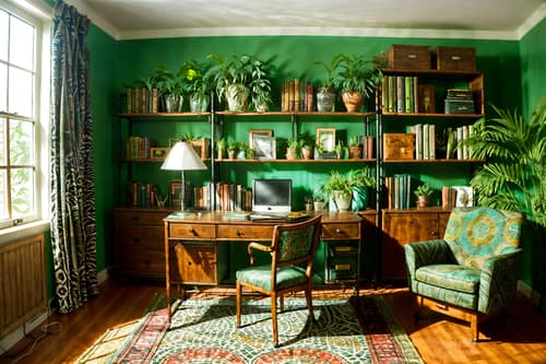 photo from pinterest of bohemian-style interior designed (study room interior) with desk lamp and plant and cabinets and writing desk and lounge chair and bookshelves and office chair and desk lamp. . with carefree layers of pattern, texture, and color and mixed patterns and bold patterns and playful textures and woods and lush green nature and a lack of structure and metals. . cinematic photo, highly detailed, cinematic lighting, ultra-detailed, ultrarealistic, photorealism, 8k. trending on pinterest. bohemian interior design style. masterpiece, cinematic light, ultrarealistic+, photorealistic+, 8k, raw photo, realistic, sharp focus on eyes, (symmetrical eyes), (intact eyes), hyperrealistic, highest quality, best quality, , highly detailed, masterpiece, best quality, extremely detailed 8k wallpaper, masterpiece, best quality, ultra-detailed, best shadow, detailed background, detailed face, detailed eyes, high contrast, best illumination, detailed face, dulux, caustic, dynamic angle, detailed glow. dramatic lighting. highly detailed, insanely detailed hair, symmetrical, intricate details, professionally retouched, 8k high definition. strong bokeh. award winning photo.