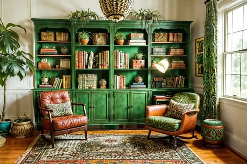 photo from pinterest of bohemian-style interior designed (study room interior) with desk lamp and plant and cabinets and writing desk and lounge chair and bookshelves and office chair and desk lamp. . with carefree layers of pattern, texture, and color and mixed patterns and bold patterns and playful textures and woods and lush green nature and a lack of structure and metals. . cinematic photo, highly detailed, cinematic lighting, ultra-detailed, ultrarealistic, photorealism, 8k. trending on pinterest. bohemian interior design style. masterpiece, cinematic light, ultrarealistic+, photorealistic+, 8k, raw photo, realistic, sharp focus on eyes, (symmetrical eyes), (intact eyes), hyperrealistic, highest quality, best quality, , highly detailed, masterpiece, best quality, extremely detailed 8k wallpaper, masterpiece, best quality, ultra-detailed, best shadow, detailed background, detailed face, detailed eyes, high contrast, best illumination, detailed face, dulux, caustic, dynamic angle, detailed glow. dramatic lighting. highly detailed, insanely detailed hair, symmetrical, intricate details, professionally retouched, 8k high definition. strong bokeh. award winning photo.
