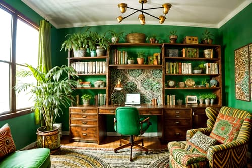 photo from pinterest of bohemian-style interior designed (study room interior) with desk lamp and plant and cabinets and writing desk and lounge chair and bookshelves and office chair and desk lamp. . with carefree layers of pattern, texture, and color and mixed patterns and bold patterns and playful textures and woods and lush green nature and a lack of structure and metals. . cinematic photo, highly detailed, cinematic lighting, ultra-detailed, ultrarealistic, photorealism, 8k. trending on pinterest. bohemian interior design style. masterpiece, cinematic light, ultrarealistic+, photorealistic+, 8k, raw photo, realistic, sharp focus on eyes, (symmetrical eyes), (intact eyes), hyperrealistic, highest quality, best quality, , highly detailed, masterpiece, best quality, extremely detailed 8k wallpaper, masterpiece, best quality, ultra-detailed, best shadow, detailed background, detailed face, detailed eyes, high contrast, best illumination, detailed face, dulux, caustic, dynamic angle, detailed glow. dramatic lighting. highly detailed, insanely detailed hair, symmetrical, intricate details, professionally retouched, 8k high definition. strong bokeh. award winning photo.