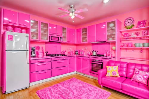 photo from pinterest of hot pink-style interior designed (kitchen living combo interior) with bookshelves and stove and televisions and plant and electric lamps and coffee tables and sink and refrigerator. . with barbie style interior and barbie closet and hot pink barbie colors and barbie bold rosy hues like fuchsia and magenta and barbie sofa and barbie glitter and sparkle and hot pink barbie walls and barbie plastic interior. . cinematic photo, highly detailed, cinematic lighting, ultra-detailed, ultrarealistic, photorealism, 8k. trending on pinterest. hot pink interior design style. masterpiece, cinematic light, ultrarealistic+, photorealistic+, 8k, raw photo, realistic, sharp focus on eyes, (symmetrical eyes), (intact eyes), hyperrealistic, highest quality, best quality, , highly detailed, masterpiece, best quality, extremely detailed 8k wallpaper, masterpiece, best quality, ultra-detailed, best shadow, detailed background, detailed face, detailed eyes, high contrast, best illumination, detailed face, dulux, caustic, dynamic angle, detailed glow. dramatic lighting. highly detailed, insanely detailed hair, symmetrical, intricate details, professionally retouched, 8k high definition. strong bokeh. award winning photo.