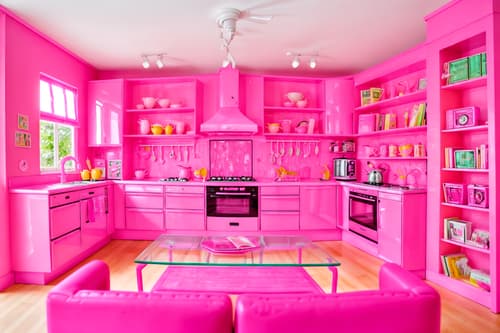photo from pinterest of hot pink-style interior designed (kitchen living combo interior) with bookshelves and stove and televisions and plant and electric lamps and coffee tables and sink and refrigerator. . with barbie style interior and barbie closet and hot pink barbie colors and barbie bold rosy hues like fuchsia and magenta and barbie sofa and barbie glitter and sparkle and hot pink barbie walls and barbie plastic interior. . cinematic photo, highly detailed, cinematic lighting, ultra-detailed, ultrarealistic, photorealism, 8k. trending on pinterest. hot pink interior design style. masterpiece, cinematic light, ultrarealistic+, photorealistic+, 8k, raw photo, realistic, sharp focus on eyes, (symmetrical eyes), (intact eyes), hyperrealistic, highest quality, best quality, , highly detailed, masterpiece, best quality, extremely detailed 8k wallpaper, masterpiece, best quality, ultra-detailed, best shadow, detailed background, detailed face, detailed eyes, high contrast, best illumination, detailed face, dulux, caustic, dynamic angle, detailed glow. dramatic lighting. highly detailed, insanely detailed hair, symmetrical, intricate details, professionally retouched, 8k high definition. strong bokeh. award winning photo.