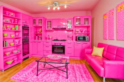 photo from pinterest of hot pink-style interior designed (kitchen living combo interior) with bookshelves and stove and televisions and plant and electric lamps and coffee tables and sink and refrigerator. . with barbie style interior and barbie closet and hot pink barbie colors and barbie bold rosy hues like fuchsia and magenta and barbie sofa and barbie glitter and sparkle and hot pink barbie walls and barbie plastic interior. . cinematic photo, highly detailed, cinematic lighting, ultra-detailed, ultrarealistic, photorealism, 8k. trending on pinterest. hot pink interior design style. masterpiece, cinematic light, ultrarealistic+, photorealistic+, 8k, raw photo, realistic, sharp focus on eyes, (symmetrical eyes), (intact eyes), hyperrealistic, highest quality, best quality, , highly detailed, masterpiece, best quality, extremely detailed 8k wallpaper, masterpiece, best quality, ultra-detailed, best shadow, detailed background, detailed face, detailed eyes, high contrast, best illumination, detailed face, dulux, caustic, dynamic angle, detailed glow. dramatic lighting. highly detailed, insanely detailed hair, symmetrical, intricate details, professionally retouched, 8k high definition. strong bokeh. award winning photo.