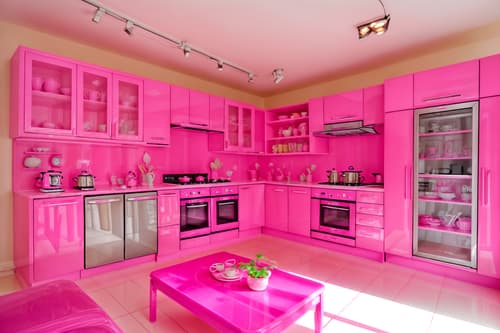 photo from pinterest of hot pink-style interior designed (kitchen living combo interior) with bookshelves and stove and televisions and plant and electric lamps and coffee tables and sink and refrigerator. . with barbie style interior and barbie closet and hot pink barbie colors and barbie bold rosy hues like fuchsia and magenta and barbie sofa and barbie glitter and sparkle and hot pink barbie walls and barbie plastic interior. . cinematic photo, highly detailed, cinematic lighting, ultra-detailed, ultrarealistic, photorealism, 8k. trending on pinterest. hot pink interior design style. masterpiece, cinematic light, ultrarealistic+, photorealistic+, 8k, raw photo, realistic, sharp focus on eyes, (symmetrical eyes), (intact eyes), hyperrealistic, highest quality, best quality, , highly detailed, masterpiece, best quality, extremely detailed 8k wallpaper, masterpiece, best quality, ultra-detailed, best shadow, detailed background, detailed face, detailed eyes, high contrast, best illumination, detailed face, dulux, caustic, dynamic angle, detailed glow. dramatic lighting. highly detailed, insanely detailed hair, symmetrical, intricate details, professionally retouched, 8k high definition. strong bokeh. award winning photo.