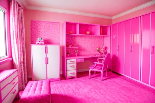 photo from pinterest of hot pink-style interior designed (hotel room interior) with working desk with desk chair and hotel bathroom and plant and headboard and accent chair and dresser closet and storage bench or ottoman and bed. . with barbie bold rosy hues like fuchsia and magenta and barbie plastic interior and barbie glitter and sparkle and barbie sofa and barbie style interior and barbie closet and hot pink barbie walls and barbie chairs. . cinematic photo, highly detailed, cinematic lighting, ultra-detailed, ultrarealistic, photorealism, 8k. trending on pinterest. hot pink interior design style. masterpiece, cinematic light, ultrarealistic+, photorealistic+, 8k, raw photo, realistic, sharp focus on eyes, (symmetrical eyes), (intact eyes), hyperrealistic, highest quality, best quality, , highly detailed, masterpiece, best quality, extremely detailed 8k wallpaper, masterpiece, best quality, ultra-detailed, best shadow, detailed background, detailed face, detailed eyes, high contrast, best illumination, detailed face, dulux, caustic, dynamic angle, detailed glow. dramatic lighting. highly detailed, insanely detailed hair, symmetrical, intricate details, professionally retouched, 8k high definition. strong bokeh. award winning photo.