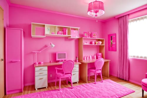 photo from pinterest of hot pink-style interior designed (hotel room interior) with working desk with desk chair and hotel bathroom and plant and headboard and accent chair and dresser closet and storage bench or ottoman and bed. . with barbie bold rosy hues like fuchsia and magenta and barbie plastic interior and barbie glitter and sparkle and barbie sofa and barbie style interior and barbie closet and hot pink barbie walls and barbie chairs. . cinematic photo, highly detailed, cinematic lighting, ultra-detailed, ultrarealistic, photorealism, 8k. trending on pinterest. hot pink interior design style. masterpiece, cinematic light, ultrarealistic+, photorealistic+, 8k, raw photo, realistic, sharp focus on eyes, (symmetrical eyes), (intact eyes), hyperrealistic, highest quality, best quality, , highly detailed, masterpiece, best quality, extremely detailed 8k wallpaper, masterpiece, best quality, ultra-detailed, best shadow, detailed background, detailed face, detailed eyes, high contrast, best illumination, detailed face, dulux, caustic, dynamic angle, detailed glow. dramatic lighting. highly detailed, insanely detailed hair, symmetrical, intricate details, professionally retouched, 8k high definition. strong bokeh. award winning photo.
