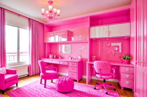 photo from pinterest of hot pink-style interior designed (hotel room interior) with working desk with desk chair and hotel bathroom and plant and headboard and accent chair and dresser closet and storage bench or ottoman and bed. . with barbie bold rosy hues like fuchsia and magenta and barbie plastic interior and barbie glitter and sparkle and barbie sofa and barbie style interior and barbie closet and hot pink barbie walls and barbie chairs. . cinematic photo, highly detailed, cinematic lighting, ultra-detailed, ultrarealistic, photorealism, 8k. trending on pinterest. hot pink interior design style. masterpiece, cinematic light, ultrarealistic+, photorealistic+, 8k, raw photo, realistic, sharp focus on eyes, (symmetrical eyes), (intact eyes), hyperrealistic, highest quality, best quality, , highly detailed, masterpiece, best quality, extremely detailed 8k wallpaper, masterpiece, best quality, ultra-detailed, best shadow, detailed background, detailed face, detailed eyes, high contrast, best illumination, detailed face, dulux, caustic, dynamic angle, detailed glow. dramatic lighting. highly detailed, insanely detailed hair, symmetrical, intricate details, professionally retouched, 8k high definition. strong bokeh. award winning photo.