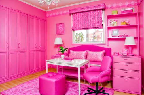 photo from pinterest of hot pink-style interior designed (hotel room interior) with working desk with desk chair and hotel bathroom and plant and headboard and accent chair and dresser closet and storage bench or ottoman and bed. . with barbie bold rosy hues like fuchsia and magenta and barbie plastic interior and barbie glitter and sparkle and barbie sofa and barbie style interior and barbie closet and hot pink barbie walls and barbie chairs. . cinematic photo, highly detailed, cinematic lighting, ultra-detailed, ultrarealistic, photorealism, 8k. trending on pinterest. hot pink interior design style. masterpiece, cinematic light, ultrarealistic+, photorealistic+, 8k, raw photo, realistic, sharp focus on eyes, (symmetrical eyes), (intact eyes), hyperrealistic, highest quality, best quality, , highly detailed, masterpiece, best quality, extremely detailed 8k wallpaper, masterpiece, best quality, ultra-detailed, best shadow, detailed background, detailed face, detailed eyes, high contrast, best illumination, detailed face, dulux, caustic, dynamic angle, detailed glow. dramatic lighting. highly detailed, insanely detailed hair, symmetrical, intricate details, professionally retouched, 8k high definition. strong bokeh. award winning photo.