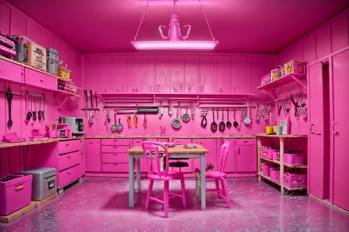 photo from pinterest of hot pink-style interior designed (workshop interior) with messy and tool wall and wooden workbench and messy. . with barbie style interior and barbie chairs and barbie glitter and sparkle and hot pink barbie colors and barbie closet and barbie plastic interior and hot pink barbie walls and barbie bold rosy hues like fuchsia and magenta. . cinematic photo, highly detailed, cinematic lighting, ultra-detailed, ultrarealistic, photorealism, 8k. trending on pinterest. hot pink interior design style. masterpiece, cinematic light, ultrarealistic+, photorealistic+, 8k, raw photo, realistic, sharp focus on eyes, (symmetrical eyes), (intact eyes), hyperrealistic, highest quality, best quality, , highly detailed, masterpiece, best quality, extremely detailed 8k wallpaper, masterpiece, best quality, ultra-detailed, best shadow, detailed background, detailed face, detailed eyes, high contrast, best illumination, detailed face, dulux, caustic, dynamic angle, detailed glow. dramatic lighting. highly detailed, insanely detailed hair, symmetrical, intricate details, professionally retouched, 8k high definition. strong bokeh. award winning photo.