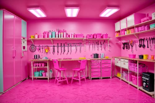 photo from pinterest of hot pink-style interior designed (workshop interior) with messy and tool wall and wooden workbench and messy. . with barbie style interior and barbie chairs and barbie glitter and sparkle and hot pink barbie colors and barbie closet and barbie plastic interior and hot pink barbie walls and barbie bold rosy hues like fuchsia and magenta. . cinematic photo, highly detailed, cinematic lighting, ultra-detailed, ultrarealistic, photorealism, 8k. trending on pinterest. hot pink interior design style. masterpiece, cinematic light, ultrarealistic+, photorealistic+, 8k, raw photo, realistic, sharp focus on eyes, (symmetrical eyes), (intact eyes), hyperrealistic, highest quality, best quality, , highly detailed, masterpiece, best quality, extremely detailed 8k wallpaper, masterpiece, best quality, ultra-detailed, best shadow, detailed background, detailed face, detailed eyes, high contrast, best illumination, detailed face, dulux, caustic, dynamic angle, detailed glow. dramatic lighting. highly detailed, insanely detailed hair, symmetrical, intricate details, professionally retouched, 8k high definition. strong bokeh. award winning photo.